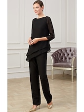 abordables Combinaisons pour maman-Combinaison  Tailleur Mère de la Mariée Élégant Col Bijou Longueur Sol Chiffon Manches Mi-Longues avec Ruching taille personnalisée gratuite