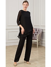 abordables Combinaisons pour maman-Combinaison  Tailleur Mère de la Mariée Élégant Col Bijou Longueur Sol Chiffon Manches Mi-Longues avec Ruching taille personnalisée gratuite