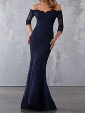 cheap BLUE-Mermaid Evening Gown Elegant Dress Wedding Guest Formal Evening Sweep / Brush Train Half Sleeve Off Shoulder Lace with Beading Lace Insert Appliques Masquerade Dress