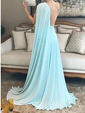 abordables Vestidos de noche-Corte A Vestidos de noche Elegante Vestido Ropa de fiesta Cola de Corte Sin Mangas Un Hombro Gasa con Fruncido 2023