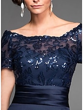 abordables Longueur du thé-Robe fourreau mère de la mariée robe invitée de mariage élégante épaules nues mi-longue en chiffon dentelle tulle à manches courtes avec dentelle sequins 2025 taille personnalisée gratuite