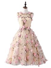 preiswerte Lange Kleider &amp; Abendkleider-A-Linie Kurz Mini Abiballkleider Party Blumen Ärmellos Juwelenhals Gartenparty Valentinstag Satin mit Applikationen