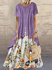 cheap Print Floral Dresses-Women&#039;s Casual Dress Linen Dress Swing Dress Long Dress Maxi Dress Green Short Sleeve Floral Patchwork Summer Spring Crew Neck Fashion 2023 5XL