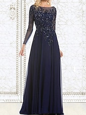 economico Lunghezza del pavimento-Abito A-Line madre della sposa Ospite di matrimonio Elegante Collo illusione Lunghezza pavimento Chiffon Pizzo Maniche lunghe con Applicazioni in pizzo 2025 misura personalizzata gratuita