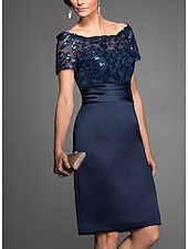 abordables Longueur du thé-Robe fourreau mère de la mariée robe invitée de mariage élégante épaules nues mi-longue en chiffon dentelle tulle à manches courtes avec dentelle sequins 2025 taille personnalisée gratuite