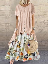 cheap Print Floral Dresses-Women&#039;s Casual Dress Linen Dress Swing Dress Long Dress Maxi Dress Green Short Sleeve Floral Patchwork Summer Spring Crew Neck Fashion 2023 5XL