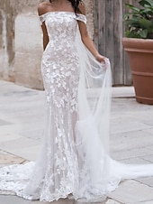cheap Wedding Dresses-Engagement Formal Wedding Dresses Mermaid Trumpet Off Shoulder Cap Sleeve Court Train Tulle Bridal Gowns With Embroidery Appliques