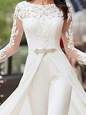 economico abiti da sposa casual-Semplici Abiti da Sposa Casual Tute con Sovraccappe Collo Illusione Maniche Lunghe Lunghezza Piena Abiti da Sposa in Pizzo con Nastro  Ribbons Cristalli abito per impressionare abito elasticizzato
