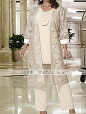 abordables Costumes-pantalons pour maman-Salopette  combinaison 3 pièces mère de la mariée invitée de mariage formelle élégante grande taille col en drapé longueur sol chiffon dentelle wrap inclus avec dentelle 2025 taille personnalisée