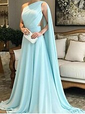 abordables Vestidos de noche-Corte A Vestidos de noche Elegante Vestido Ropa de fiesta Cola de Corte Sin Mangas Un Hombro Gasa con Fruncido 2023