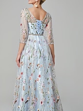 cheap Prom Dresses-Beach Wedding A-Line Prom Dresses Floral Dress Valentine&#039;s Day Wedding Guest Tea Length Half Sleeve Jewel Neck Lace with Embroidery Appliques 2025