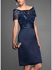 abordables Longueur du thé-Robe fourreau mère de la mariée robe invitée de mariage élégante épaules nues mi-longue en chiffon dentelle tulle à manches courtes avec dentelle sequins 2025 taille personnalisée gratuite