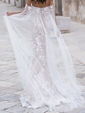 cheap Wedding Dresses-Engagement Formal Wedding Dresses Mermaid Trumpet Off Shoulder Cap Sleeve Court Train Tulle Bridal Gowns With Embroidery Appliques