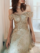 levne Plesové šaty-večerní šaty řadové řady elegantní šaty svatební host zásnubní délka na podlahu krátký rukáv tyl s flitry s flitry, který zapůsobí 2025