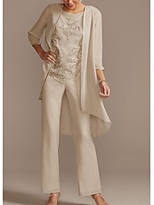 olcso Anya kombinéi-Jumpsuit  Overál a menyasszony édesanyjának formális esküvői vendég elegáns ékszer nyakú földig érő chiffon csipke 3/4-es hosszú ujjú gyöngyözéssel applikációk szabad egyedi méretben
