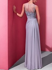cheap Evening Dresses-Sheath / Column Evening Gown Elegant Dress Engagement Formal Evening Floor Length Sleeveless Illusion Neck Chiffon with Pleats Embroidery 2024