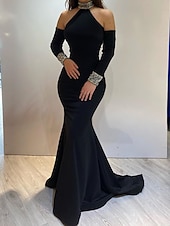levne černý-Šaty na večerní ples s flitry elegantní šaty formální večerní úklid  kartáčový vlak dlouhý rukáv vysoký výstřih maškarní šaty
