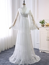 preiswerte lässige Brautkleider-Strand Boho Hochzeitskleider A-Linie V-Ausschnitt Langarm Bodenlang Spitze Brautkleider mit Spitze