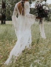 preiswerte lässige Brautkleider-Strand Boho Hochzeitskleider A-Linie V-Ausschnitt Langarm Bodenlang Spitze Brautkleider mit Spitze