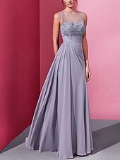 cheap Evening Dresses-Sheath / Column Evening Gown Elegant Dress Engagement Formal Evening Floor Length Sleeveless Illusion Neck Chiffon with Pleats Embroidery 2024