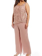 economico Tute della mamma-Tuta a due pezzi  Pantalone per la madre della sposa Ospite di matrimonio formale Chiesa Elegante Taglie comode Collo a gioiello Lunghezza pavimento Chiffon Pizzo Maniche 3/4 con Applicazioni 2025