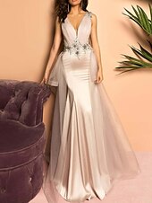 economico Vestiti da sera-A sirena Sensuale Florale Fidanzamento Serata formale Vestito A V Senza maniche Strascico a terra Raso elasticizzato con A pieghe Con applique 2022