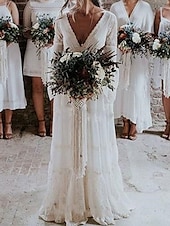 preiswerte lässige Brautkleider-Strand Boho Hochzeitskleider A-Linie V-Ausschnitt Langarm Bodenlang Spitze Brautkleider mit Spitze