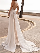 cheap Casual Wedding Dresses-Beach Wedding Dresses A-Line Halter Neck Sleeveless Sweep / Brush Train Chiffon Bridal Gowns With Embroidery