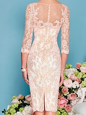 preiswerte Mit Jacke-zweiteiliges Etuikleid in Champagner für die Strandhochzeit, Mutter der Braut, elegantes Hochzeitsgastkleid mit Rundhalsausschnitt, knielang, Chiffonspitze, 3/4-Ärmel, Wickelkleid inklusive Jacke,