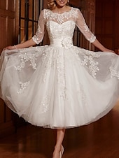 cheap Little White Dresses-Reception Vintage 1940s / 1950s Little White Dress Bridal Shower Dresses Wedding Dresses A-Line Illusion Neck 3/4 Length Sleeve Tea Length Lace Bridal Gowns With Appliques 2025