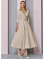 voordelige Vloerlengte-Strand Bruiloft A-Lijn Gouden Jurken Moeder van de Bruid Jurk Bruiloft Gast Elegante Vintage Plus Size V Hals Thee Lengte Satin 3/4 Lengte Mouw met Plissé dress to impress 2025 gratis op maat gemaakt
