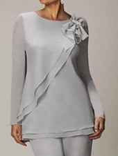 voordelige Broekpakken van mama-Strand Bruiloft Twee Delige Jumpsuit  Pantsuit Moeder van de Bruid Bruiloft Gast Elegante Plus Size Juweel Hals Vloerlengte Chiffon Lange Mouw met Strik(ken) Rimpelingen 2025