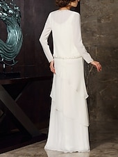 tanie Z kurtką-Dwuczęściowa sukienka w kształcie litery A dla matki panny młodej gościa weselnego elegancka plus size dekolt w kształcie klejnotu długi rękaw krótki żakiet z koralikami i spadającymi falbanami