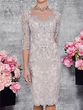 baratos Com jaqueta-Conjunto de Dois Peças Vestido de Mãe da Noiva para Convidada de Casamento Igreja Elegante com Decote Ilusório Comprimento até o Joelho Renda Manga 3/4 Vestidos com Bordado 2025 tamanho personalizado