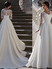 preiswerte Luxuriöse Hochzeitskleider-Verlobung Formelle Hochzeitskleider A-Linie V-Ausschnitt Langarm Gericht Zug Satin Brautkleider Mit Applikationen 2025