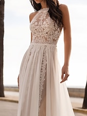 cheap Casual Wedding Dresses-Beach Wedding Dresses A-Line Halter Neck Sleeveless Sweep / Brush Train Chiffon Bridal Gowns With Embroidery