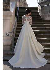 preiswerte Luxuriöse Hochzeitskleider-Verlobung Formelle Hochzeitskleider A-Linie V-Ausschnitt Langarm Gericht Zug Satin Brautkleider Mit Applikationen 2025