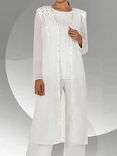 billiga Mammas byxdräkter-Jumpsuit  byxdress 3-delad mor till bruden bröllopsgäst elegant juvelhals golvlängd chiffong lång ärm med paljetter gratis skräddarsydd storlek