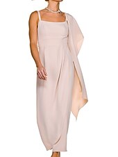preiswerte Mamas Kleidersets-Zweiteiliges Etuikleid Mutter der Braut Kleid Hochzeitsgast Eleganter quadratischer Ausschnitt knöchellang dehnbares Gewebe ärmellos kurze Jacke Kleider mit Knöpfen Falten Rennkleid