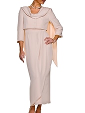 preiswerte Mamas Kleidersets-Zweiteiliges Etuikleid Mutter der Braut Kleid Hochzeitsgast Eleganter quadratischer Ausschnitt knöchellang dehnbares Gewebe ärmellos kurze Jacke Kleider mit Knöpfen Falten Rennkleid