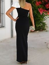 preiswerte SCHWARZ-Meerjungfrau Abendkleid Elegantes Kleid Hochzeitsgast Formale Abend Bodenlänge Ärmellos Ein Schulter Satin mit Schleife(n) Schlitz