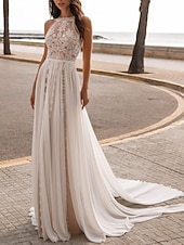 cheap Casual Wedding Dresses-Beach Wedding Dresses A-Line Halter Neck Sleeveless Sweep / Brush Train Chiffon Bridal Gowns With Embroidery