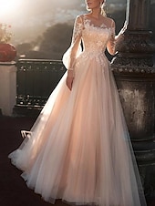 economico Abiti da sposa-Abiti da Matrimonio in Spiaggia a Colore Abiti da Matrimonio A-Line Collo Illusion Maniche Lunghe Strascico in Pizzo Bridal Gowns con Ricamo Applicazioni 2025