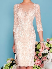 preiswerte Mit Jacke-zweiteiliges Etuikleid in Champagner für die Strandhochzeit, Mutter der Braut, elegantes Hochzeitsgastkleid mit Rundhalsausschnitt, knielang, Chiffonspitze, 3/4-Ärmel, Wickelkleid inklusive Jacke,