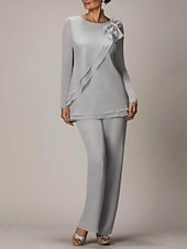 voordelige Broekpakken van mama-Strand Bruiloft Twee Delige Jumpsuit  Pantsuit Moeder van de Bruid Bruiloft Gast Elegante Plus Size Juweel Hals Vloerlengte Chiffon Lange Mouw met Strik(ken) Rimpelingen 2025