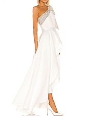 cheap Prom Dresses-Jumpsuits Minimalist Elegant Engagement Prom Valentine&#039;s Day Dress One Shoulder Sleeveless Floor Length Stretch Satin with Pleats Ruffles 2022