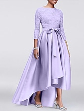 economico Lunghezza del pavimento-Abito A-Line per Madre della Sposa Ospite di Matrimonio Elegante Taglie Forti Alte Basse Scollo Gioiello Asimmetrico Satin Pizzo Maniche 3/4 con Sash  Nastro Applicazioni 2025 taglia personalizzata