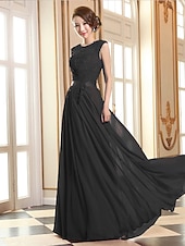 preiswerte Ballkleid-A-Linien Abendkleid elegantes Kleid Hochzeitsgast Abiball bodenlang ärmellos Illusionshals Brautjungfernkleid Georgette mit Applikationen