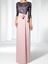 cheap Floor Length-Sheath Column Floor Length Wedding Guest Dress Formal Dresses Evening Gown Mother of the Bride Dress 3/4 Length Sleeve Jewel Neck Elegant Wedding Guest Satin Lace with Bow(s)