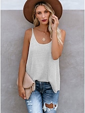 cheap Shirts-Women&#039;s Linen-Inspired Shirts Tank Top Camisole Color Block Vacation Basic Sleeveless U Neck Regular Tops Valentine&#039;s Day Causal Holiday White Pink Blue Khaki Gray Summer